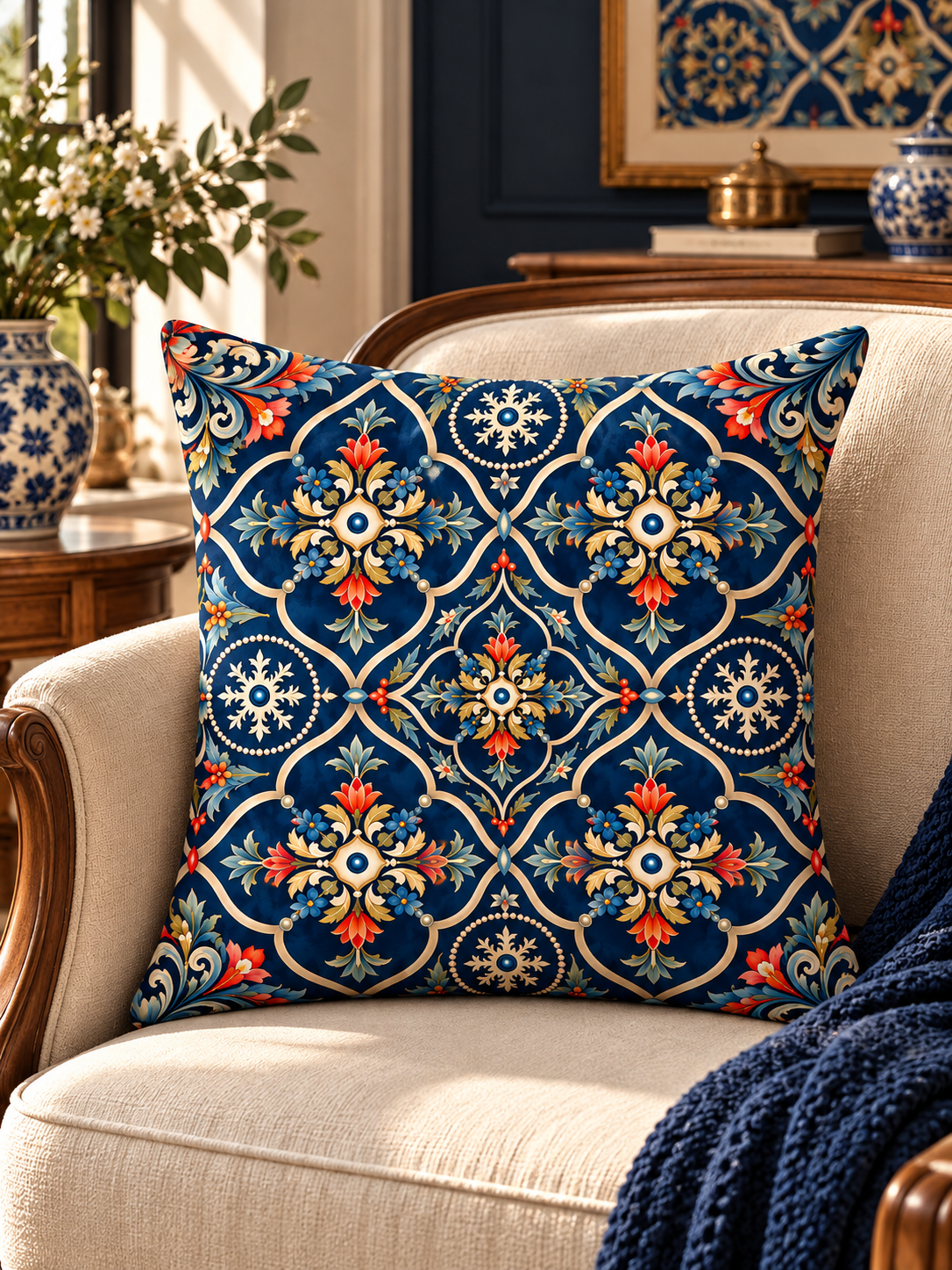 AHENK | Etnik ve Çiçek Desenli Dekoratif Kırlent Kılıfı – 45x45 cm