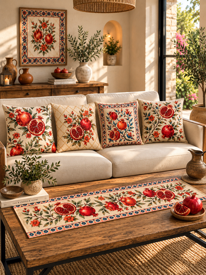 4'lü Nar Desenli Kırlent Kılıfı ve Runner Seti – 43x43 cm Kırlent Kılıfı + 40x140 cm Runner