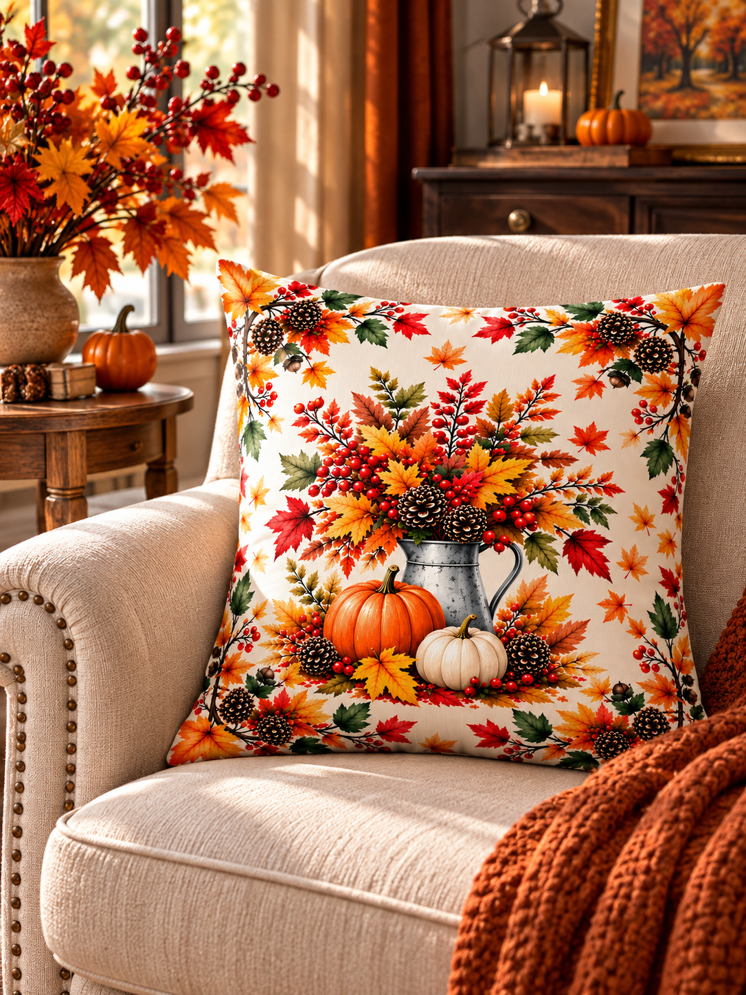 FALLORA | Sonbahar Temalı Yaprak ve Balkabağı Desenli Dekoratif Kırlent Kılıfı – 45x45 cm
