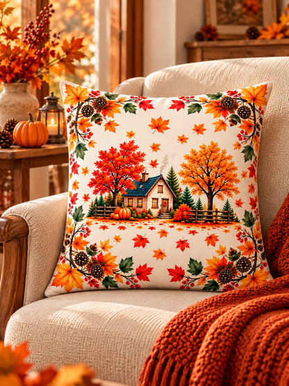 FALLORA | Sonbahar Temalı Yaprak ve Balkabağı Desenli Dekoratif Kırlent Kılıfı – 45x45 cm