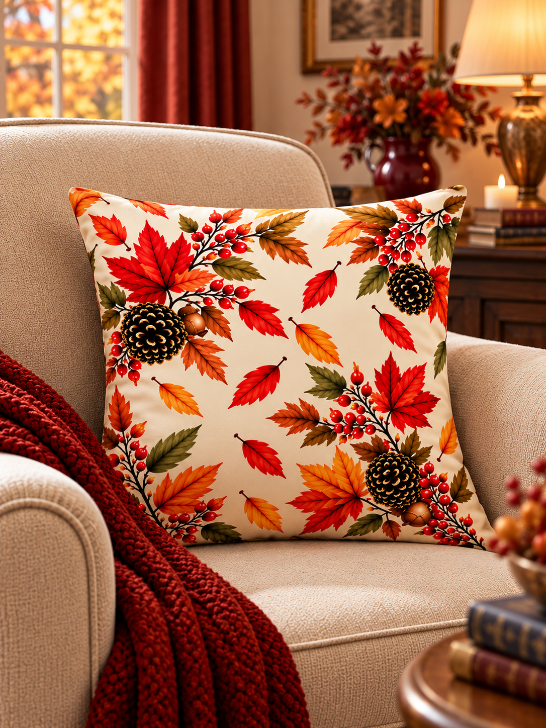 FALLORA | Sonbahar Temalı Yaprak ve Balkabağı Desenli Dekoratif Kırlent Kılıfı – 45x45 cm