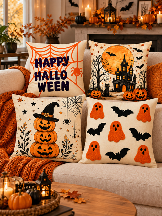 Halloween Temalı Dekoratif Kırlent Kılıfı 45x45 cm – 4’lü Set