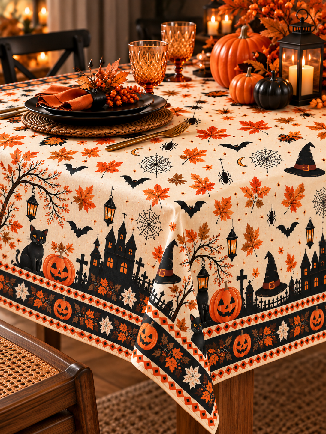 Halloween Desenli Masa Örtüsü 150x200 cm – Balkabağı, Kedi ve Sonbahar Temalı