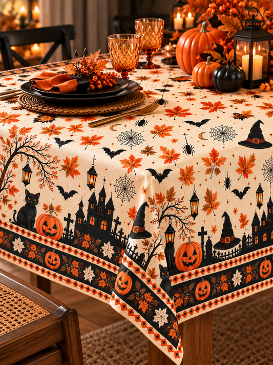 Halloween Desenli Masa Örtüsü 150x200 cm – Balkabağı, Kedi ve Sonbahar Temalı