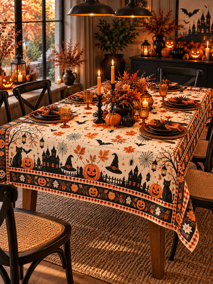 Halloween Desenli Masa Örtüsü 150x200 cm – Balkabağı, Kedi ve Sonbahar Temalı