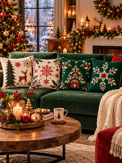 Holly Yılbaşı Temalı 4’lü Kırlent Kılıfı Seti 45x45 cm – Kırmızı, Yeşil ve Krem