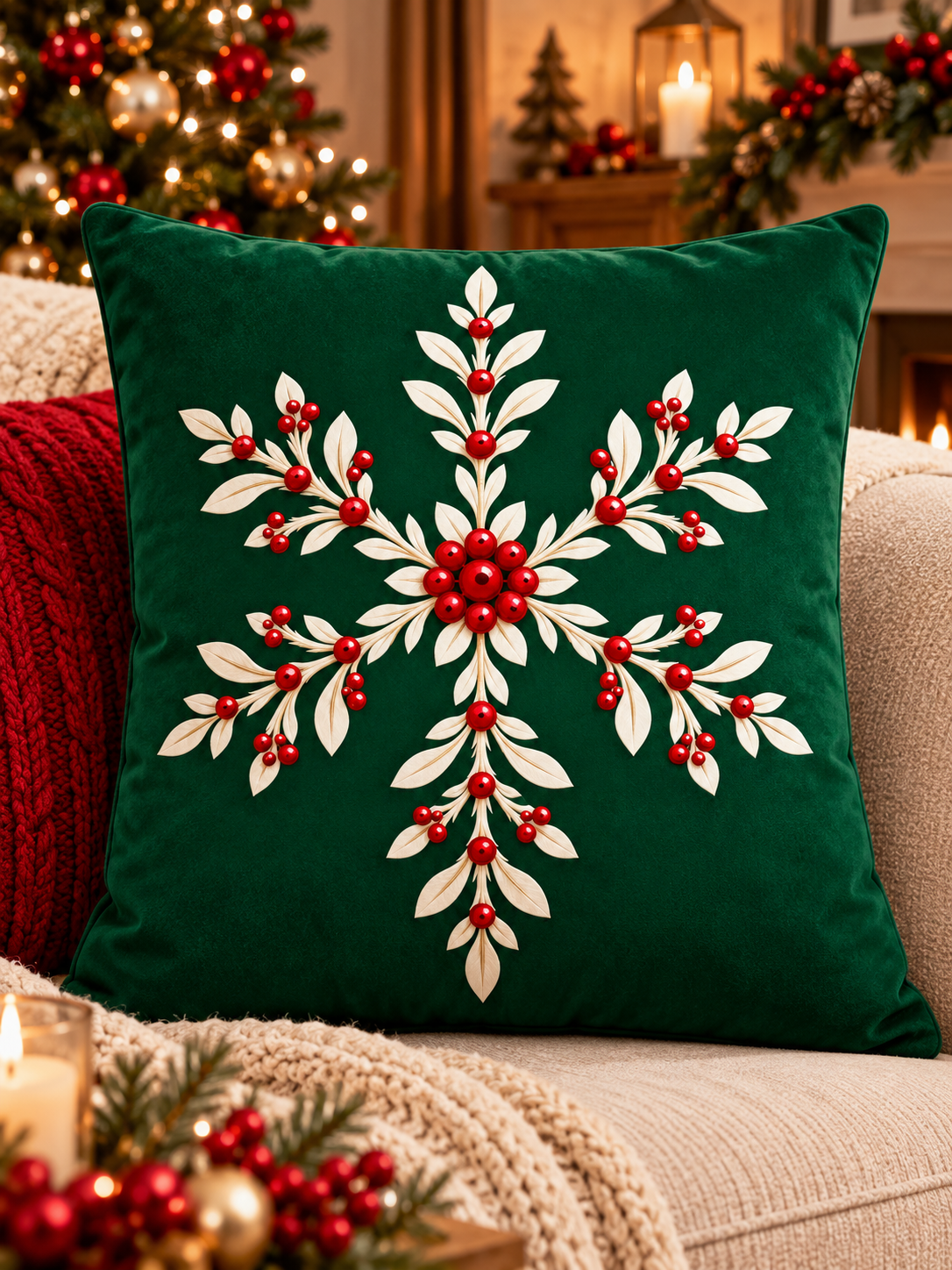Holly Yılbaşı Temalı 4’lü Kırlent Kılıfı Seti 45x45 cm – Kırmızı, Yeşil ve Krem