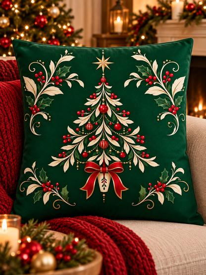 Holly Yılbaşı Temalı 4’lü Kırlent Kılıfı Seti 45x45 cm – Kırmızı, Yeşil ve Krem
