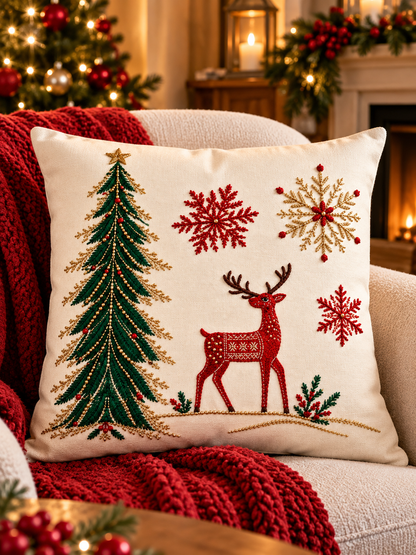 Holly Yılbaşı Temalı 4’lü Kırlent Kılıfı Seti 45x45 cm – Kırmızı, Yeşil ve Krem
