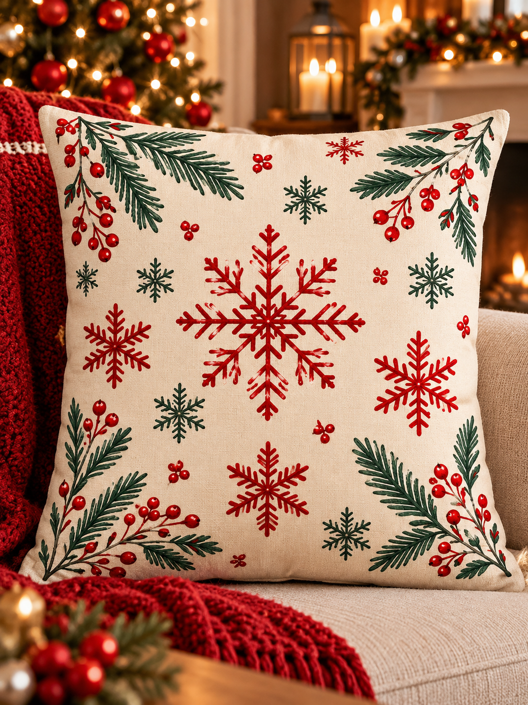 Holly Yılbaşı Temalı 4’lü Kırlent Kılıfı Seti 45x45 cm – Kırmızı, Yeşil ve Krem