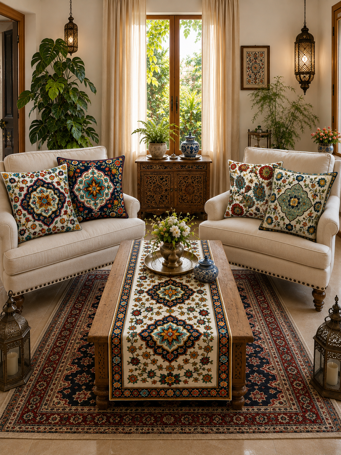 İznik Çinisi 4'lü Kırlent Kılıfı ve Runner Seti 43x43 cm Kırlent Kılıfı + 40x140 cm Runner Polyester