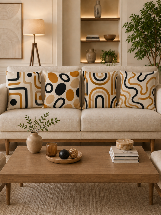 Lora 4’lü Dekoratif Kırlent Kılıfı Seti 45x45 cm – Modern Bohem Desenli Bej Hardal Siyah Koltuk Kırlenti