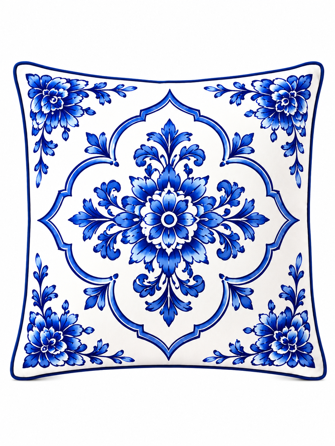 4'lü Mavi Çini Desenli Kırlent Kılıfı + Runner Seti 43x43 cm Kırlent Kılıfı ve 40x140 cm Masa Runner