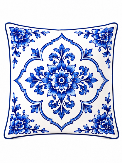 4'lü Mavi Çini Desenli Kırlent Kılıfı + Runner Seti 43x43 cm Kırlent Kılıfı ve 40x140 cm Masa Runner