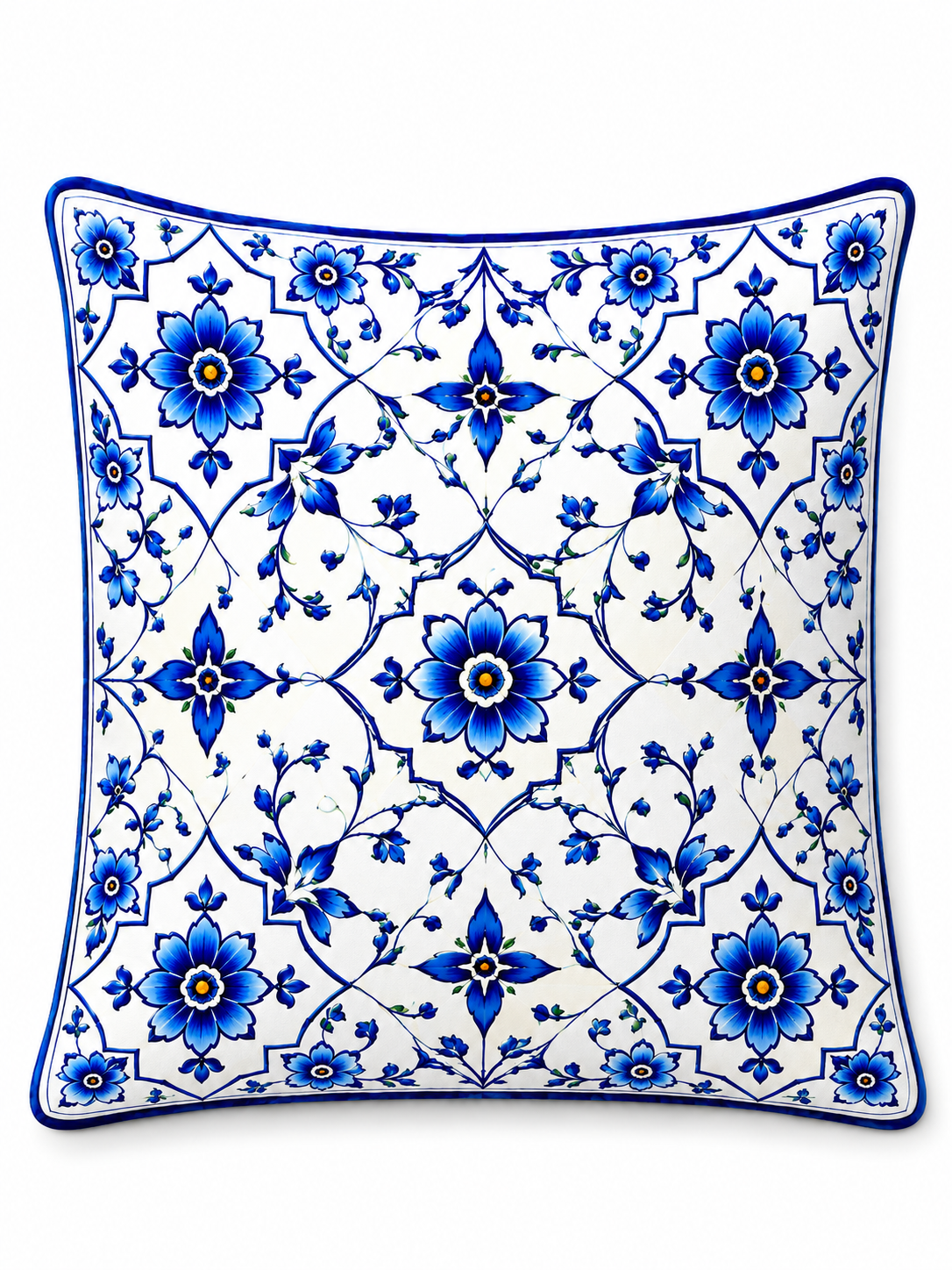 4'lü Mavi Çini Desenli Kırlent Kılıfı + Runner Seti 43x43 cm Kırlent Kılıfı ve 40x140 cm Masa Runner