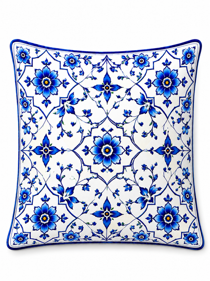 4'lü Mavi Çini Desenli Kırlent Kılıfı + Runner Seti 43x43 cm Kırlent Kılıfı ve 40x140 cm Masa Runner
