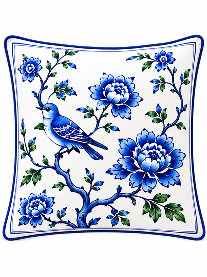 4'lü Mavi Çini Desenli Kırlent Kılıfı + Runner Seti 43x43 cm Kırlent Kılıfı ve 40x140 cm Masa Runner