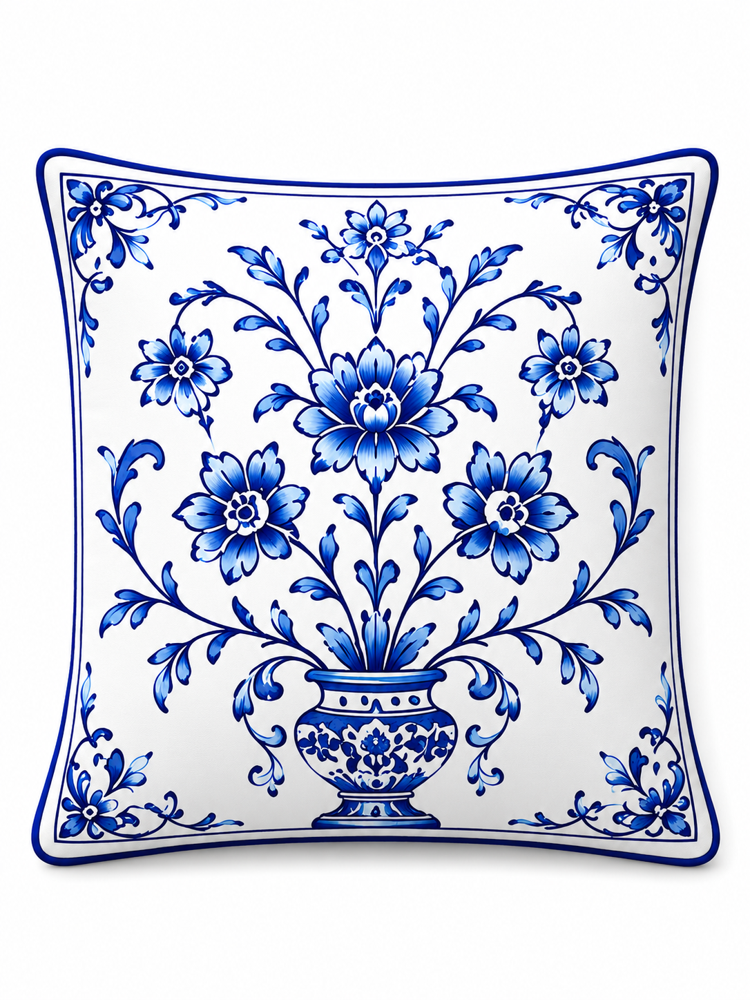 4'lü Mavi Çini Desenli Kırlent Kılıfı + Runner Seti 43x43 cm Kırlent Kılıfı ve 40x140 cm Masa Runner