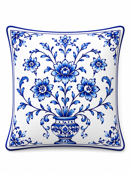 4'lü Mavi Çini Desenli Kırlent Kılıfı + Runner Seti 43x43 cm Kırlent Kılıfı ve 40x140 cm Masa Runner