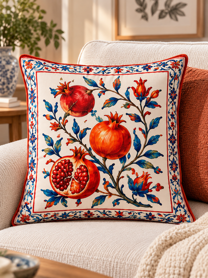 4'lü Nar Desenli Kırlent Kılıfı ve Runner Seti – 43x43 cm Kırlent Kılıfı + 40x140 cm Runner