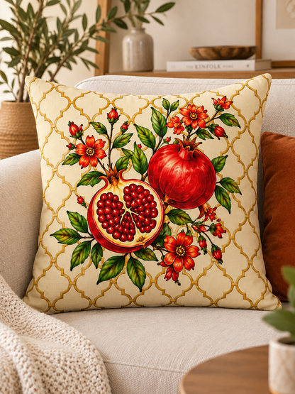 4'lü Nar Desenli Kırlent Kılıfı ve Runner Seti – 43x43 cm Kırlent Kılıfı + 40x140 cm Runner