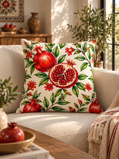 4'lü Nar Desenli Kırlent Kılıfı ve Runner Seti – 43x43 cm Kırlent Kılıfı + 40x140 cm Runner