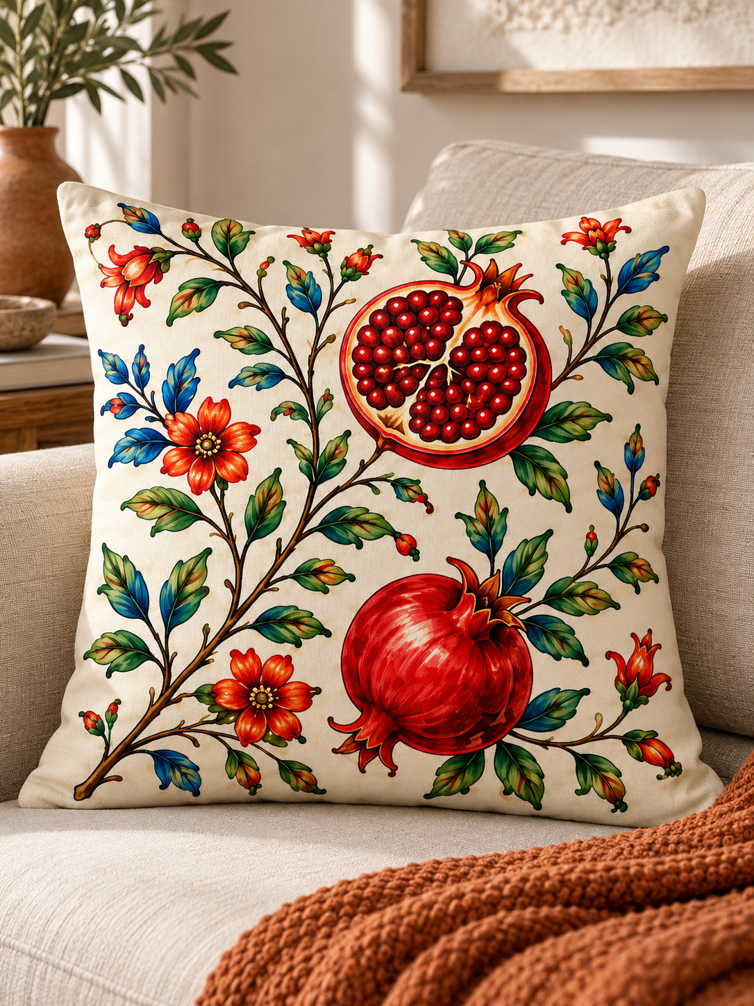 4'lü Nar Desenli Kırlent Kılıfı ve Runner Seti – 43x43 cm Kırlent Kılıfı + 40x140 cm Runner