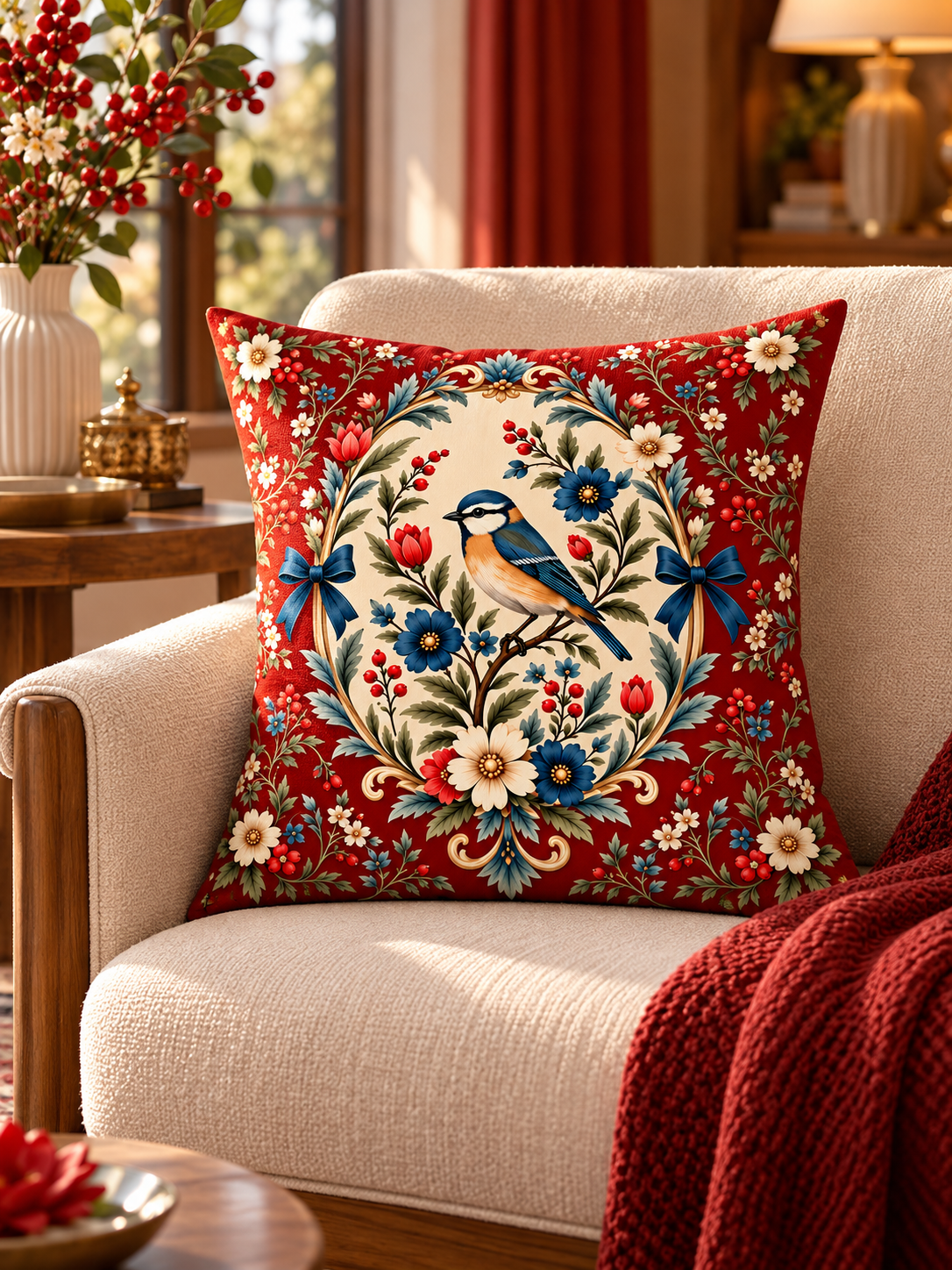 ROSELLA | Bordo Etnik ve Çiçek Desenli Dekoratif Kırlent Kılıfı – 45x45 cm