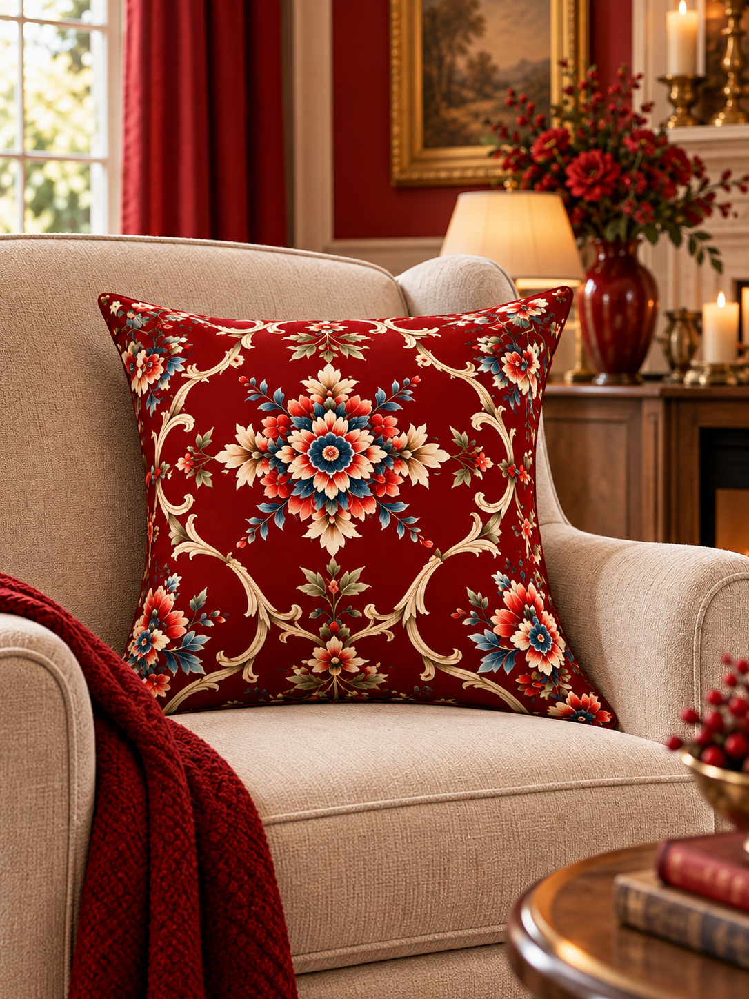 ROSELLA | Bordo Etnik ve Çiçek Desenli Dekoratif Kırlent Kılıfı – 45x45 cm