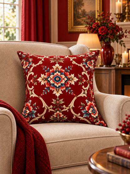 ROSELLA | Bordo Etnik ve Çiçek Desenli Dekoratif Kırlent Kılıfı – 45x45 cm