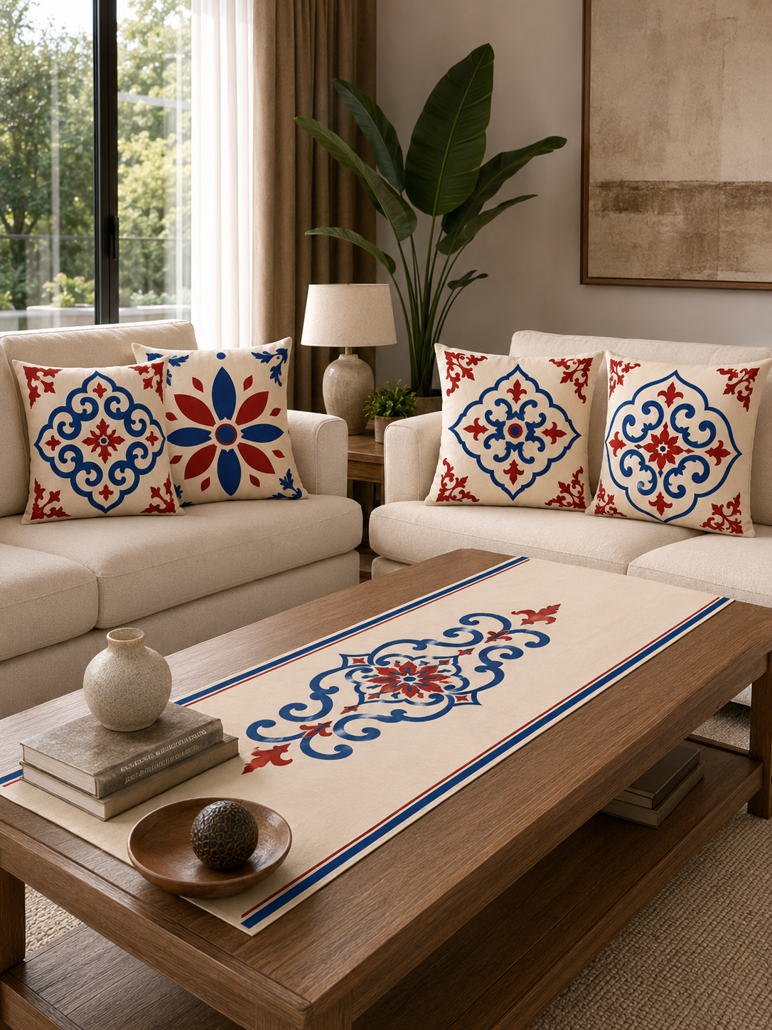 Selene 4’lü Dekoratif Kırlent Kılıfı ve Runner Seti 43x43 cm – Salon ve Masa Takımı