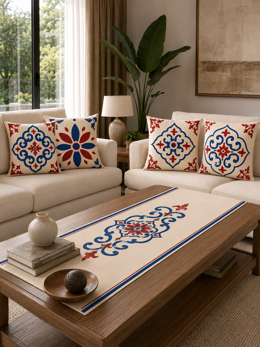 Selene 4’lü Dekoratif Kırlent Kılıfı ve Runner Seti 43x43 cm – Salon ve Masa Takımı