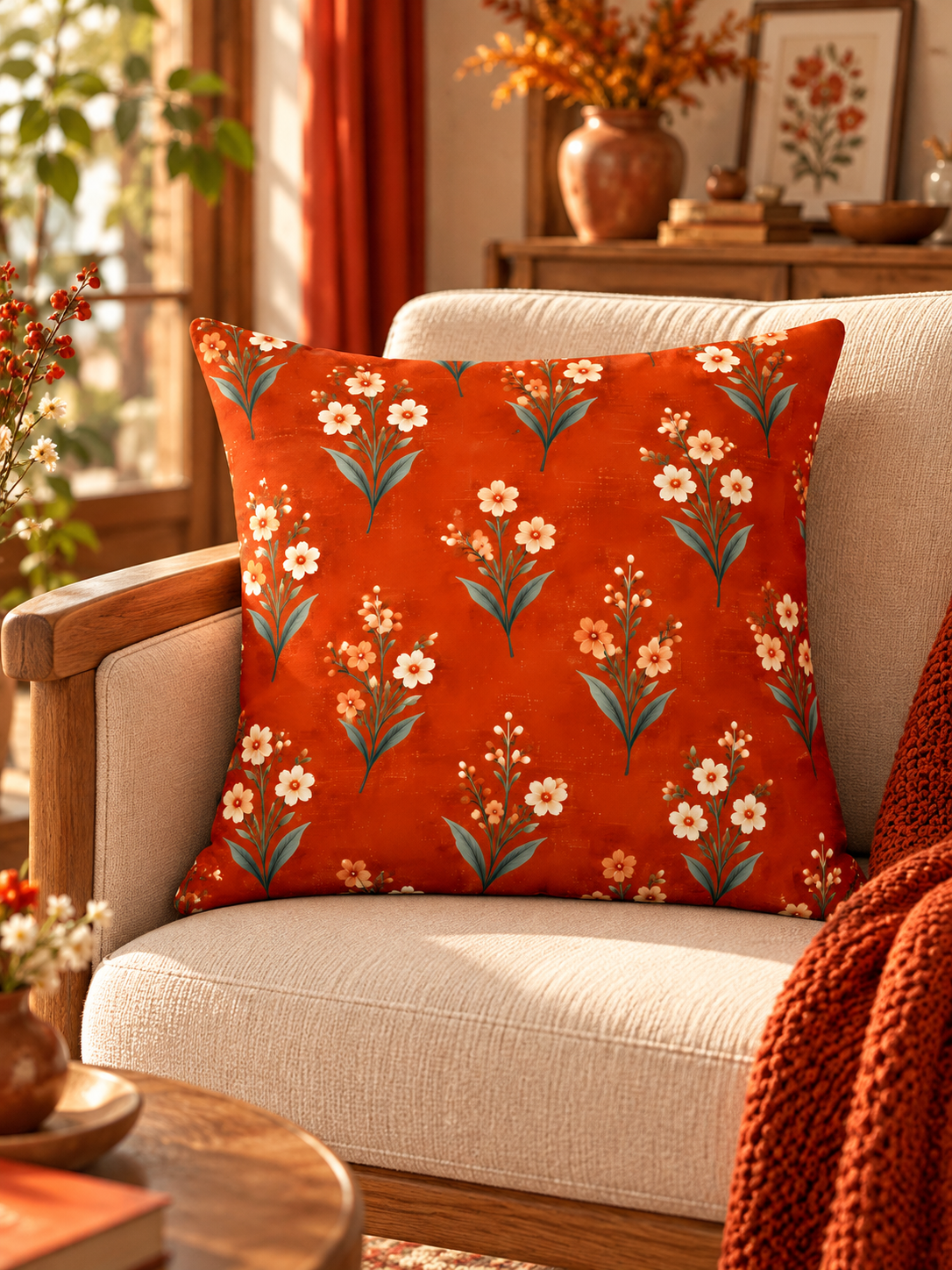 SİENNA | Turuncu Etnik ve Çiçek Desenli Dekoratif Kırlent Kılıfı – 45x45 cm