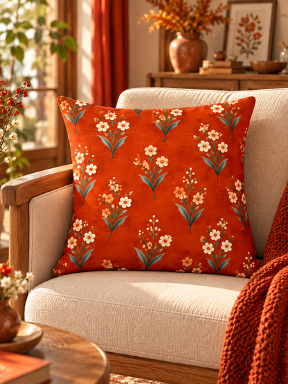 SİENNA | Turuncu Etnik ve Çiçek Desenli Dekoratif Kırlent Kılıfı – 45x45 cm