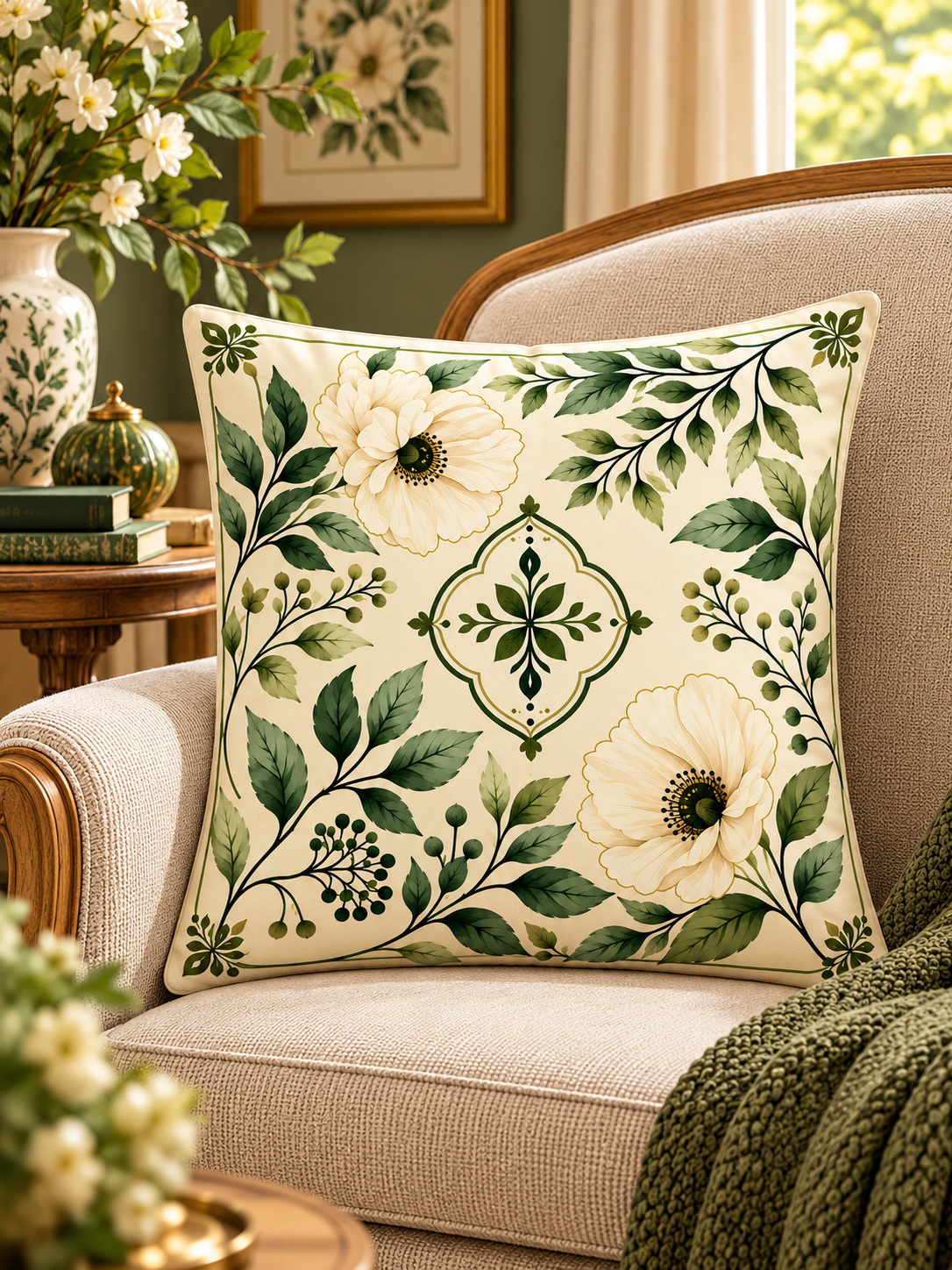 VERDORA | Zümrüt Yeşili Etnik, Çiçek ve Geyik Desenli Dekoratif Kırlent Kılıfı – 45x45 cm