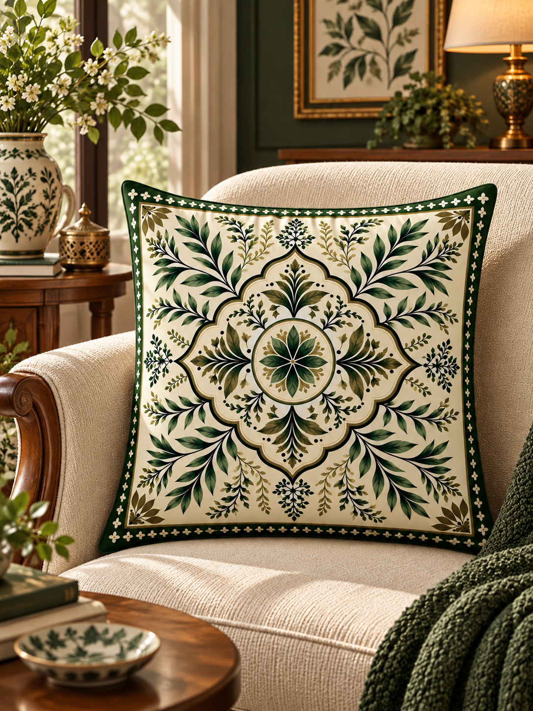 VERDORA | Zümrüt Yeşili Etnik, Çiçek ve Geyik Desenli Dekoratif Kırlent Kılıfı – 45x45 cm