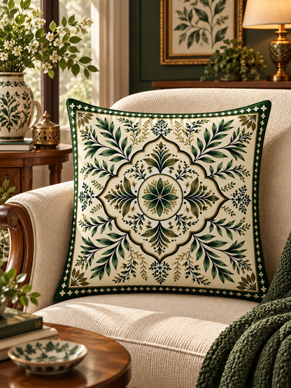 VERDORA | Zümrüt Yeşili Etnik, Çiçek ve Geyik Desenli Dekoratif Kırlent Kılıfı – 45x45 cm